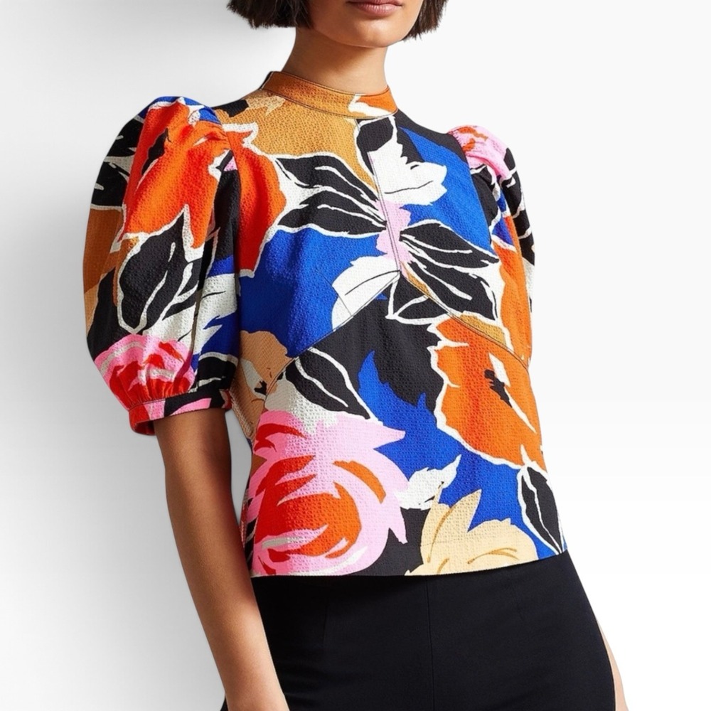 Ted Baker Azura Colorful Floral Top Puff Sleeve Top Seam Detailing Sz 4 US 10